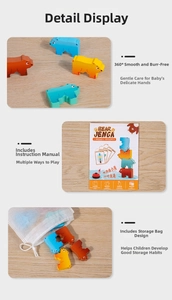 Detailed view of colorful bear wooden building blocks with storage bag and manual