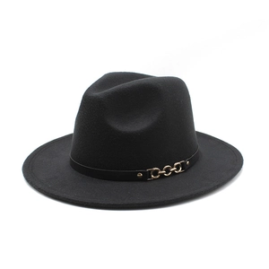 Classic black wide brim fedora hat with elegant gold chain detail on leather band
