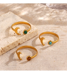 Adjustable gold moon rings featuring malachite, turquoise, and tiger eye stones