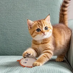 Felt sun-shaped cat toy with bell and catnip interactive play on green sofa