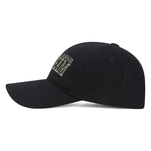 Tactical black cotton baseball cap with WARFARE TEAM embroidery from 45-degree angle view