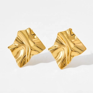 Minimalist gold irregular crumpled geometric square hoop earrings with wavy texture