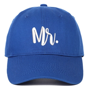 Detail of royal blue cotton baseball cap featuring white Mr. embroidery on front