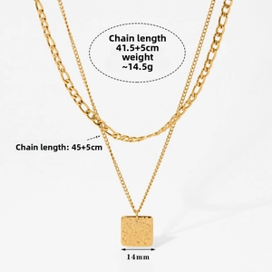 Detail of 316 stainless steel double layer necklace with a textured square pendant