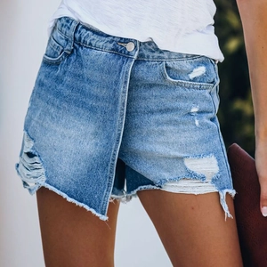 Falda Pantalón De Mezclilla De Cintura Alta Mujeres Rota Dobladillo Deshilachado Envoltura Asimétrica Pantalones Cortos