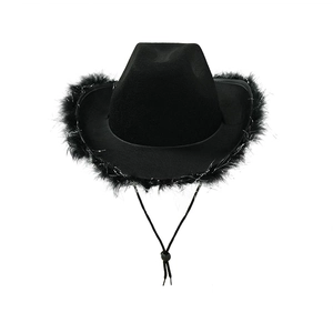 Detail of black cowboy hat featuring lush feather trim and adjustable drawstring cord