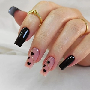 Coffin Press On Nails ABS Black Heart Gold Line Design Long Square Glossy Artificial Finger Manicure Women Fashion