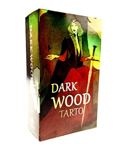 Close-up of Dark Wood Tarot box featuring elegant metallic gold lettering and premium texture