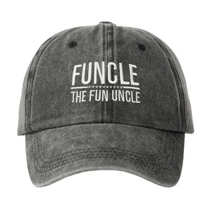 Gray washed denim baseball cap featuring white FUNCLE THE FUN UNCLE embroidery