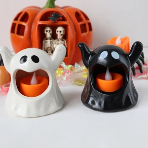 Ghost-shaped LED electronic candle lights in black and white for Halloween decorations