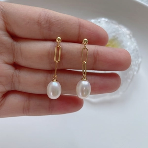 Retro Minimalist 925 Sterling Silver Chain Earrings Natural Freshwater Rice Pearl Dangle Drop Earrings For Women Jewelry Gift