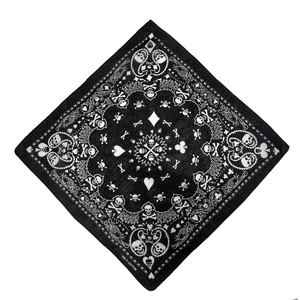 100% cotton black skull bandana with gothic playing card suits and paisley patterns