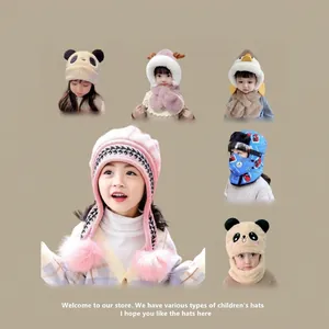 Winter thermal knit hats for kids featuring pom-poms, ear flaps, and cute animal designs