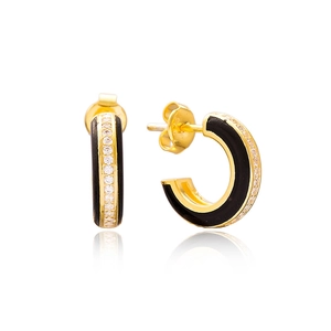 Detailed macro view of S925 silver C-shape hoop earrings with black enamel and zircons