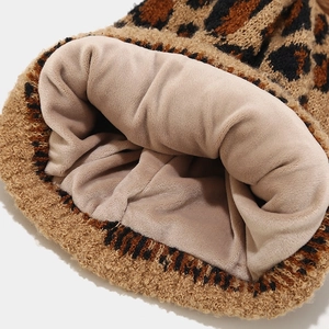 Winter leopard print knit hat featuring thick warm fleece lining for cold protection
