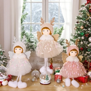 Three sequined lace angel dolls in white, beige, and pink for Christmas tree decoration