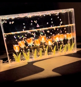Luminous rectangular DIY tulip night light with orange flowers and flowing liquid glitter