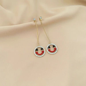 Elegant gold chain drop earrings with rhinestone-set enamel smiley face pendants
