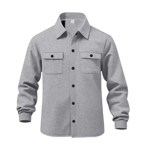 Front view of men's casual grey fleece jacket with lapel collar and double chest pockets