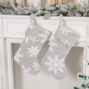 Large Grey Christmas Stocking With White Snowflake Pattern Soft Plush Velvet Xmas Fireplace Hanging Decor Gift Bag
