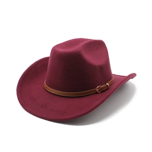 Classic wine red wool western cowboy hat with a brown leather belt and golden buckle