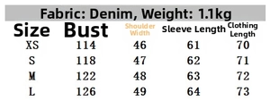 Detailed size chart for denim jacket with chest, shoulder, sleeve, and length measurements