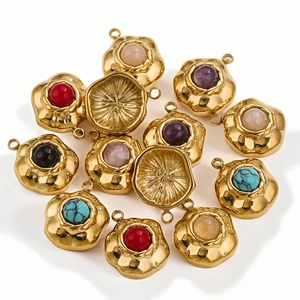 Retro geometric stainless steel pendants with colorful natural stones and gold finish