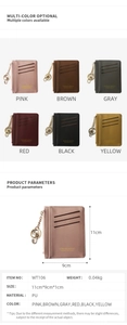 Detailed technical chart of compact PU leather coin purse with size and color variety