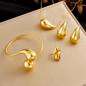Stainless Steel Jewelry Set Water Drop Teardrop Necklace Earrings Ring Bracelet Smooth Polished Minimalist Elegant For Women