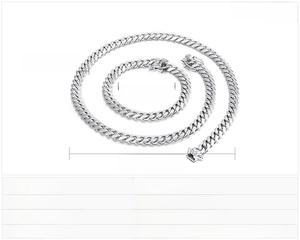 Size chart showing 8mm stainless steel Cuban link chain necklace and bracelet set
