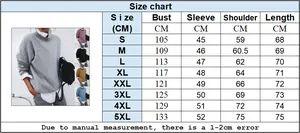 Detailed size chart for women's knitted pullover sweater with measurements in centimeters