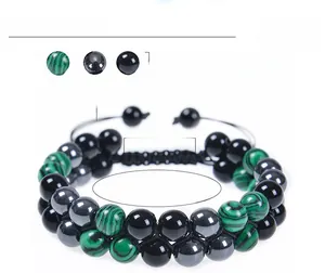 Detail of 8mm malachite obsidian hematite double-layer bracelet with adjustable cord