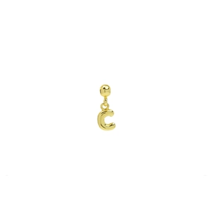Macro shot of 18k gold plated bubble letter C pendant with polished metallic finish