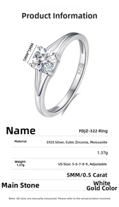 Detailed view of S925 sterling silver ring featuring a 0.5ct moissanite and size chart