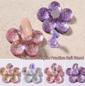 Iridescent glitter nail art practice stand with magnetic plum blossom resin base set