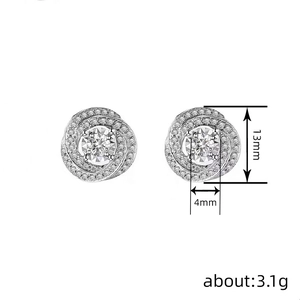 Sparkling silver rose stud earrings with pavé diamonds and 13mm spiral flower design