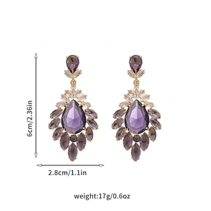 Detail view of purple crystal tassel earrings with dimensions 6cm by 2.8cm and 17g weight
