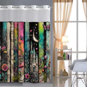 Detail of waterproof butterfly print shower curtain with durable silver metal grommets