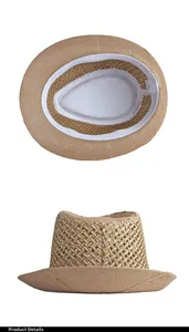 Detail view of the breathable straw fedora hat interior with sweatband and texture