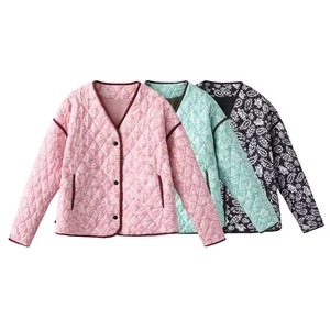 Quilted V-neck paisley print jacket for women in pink, mint green and black colors