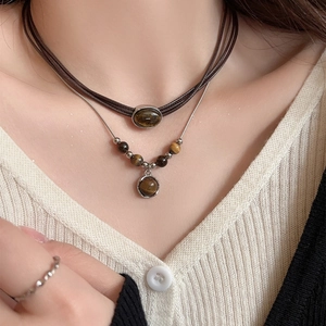 Tiger Eye Stone Pendant Necklace Geometric Retro Style Jewelry Alloy Wax Rope Accessory For Women