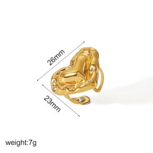 Detail of 18k gold plated heart ring with zircons, dimensions 26mm by 23mm, weight 7g