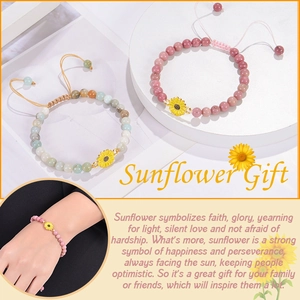Detail of adjustable sunflower bracelets featuring 6mm mahogany obsidian and resin beads