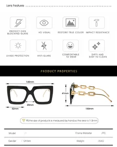 Detailed size chart for oversized glasses frames with gold chain temples and PC material