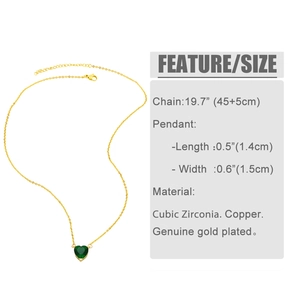 Detailed product dimensions for the gold plated heart pendant necklace with green zircon