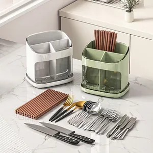 Three-grid kitchen utensil holder for chopsticks and spoons with drainage tray