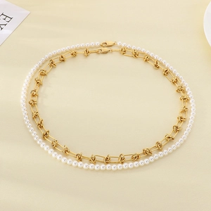 Baroque faux pearl beads and gold stainless steel link chain layered necklace set