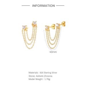 Detail view of 925 sterling silver tassel earrings with 40mm chains and AAAAA zirconia