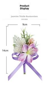 Detail view of handmade purple jasmine boutonniere with dimensions 9cm width and 14cm height