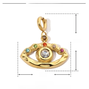 Detail showing 18x16mm gold evil eye pendant dimensions and colorful rhinestones